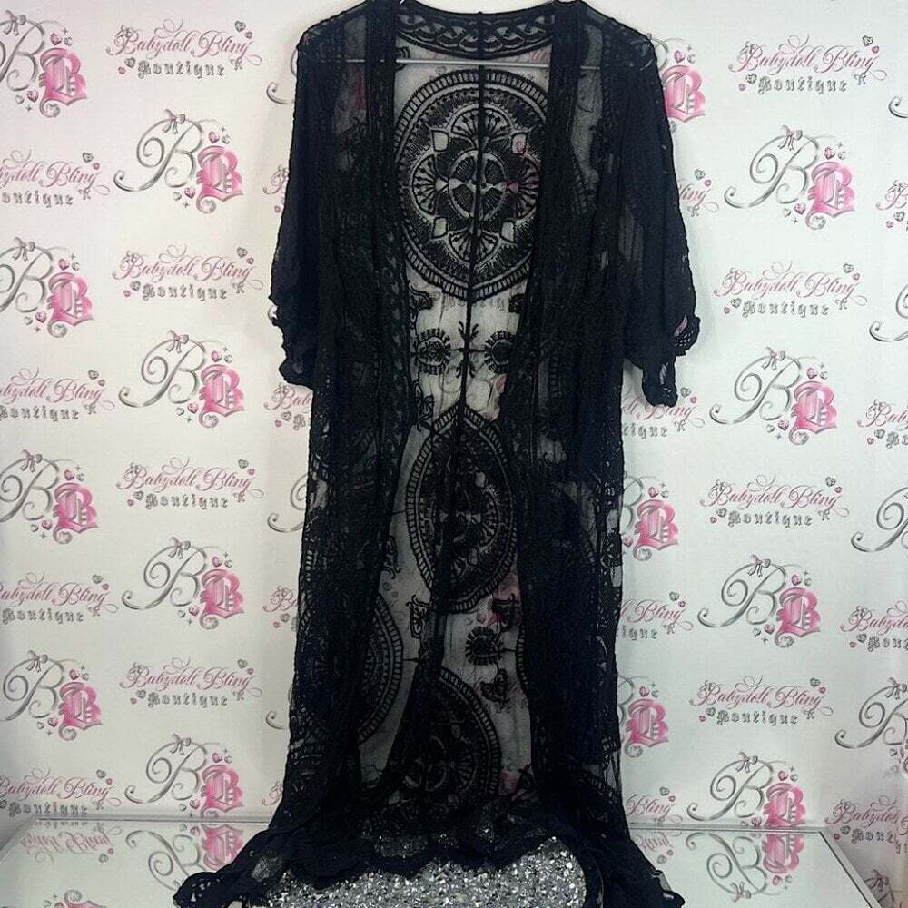 Black Lace cardigan Kimono Cardigan long crochet mesh boho flowy coverup